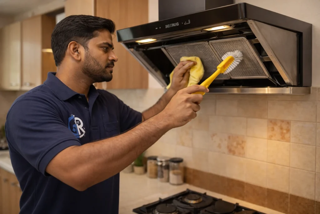 Professional Indian technician cleaning kitchen chimney filter with brush during home service