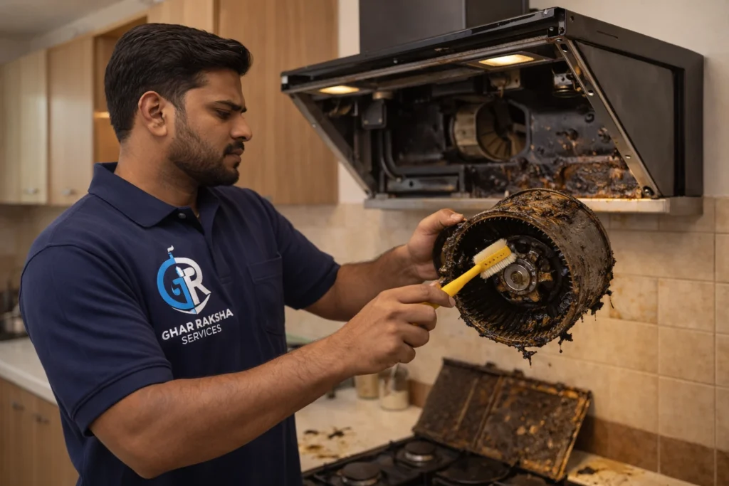 Indian technician cleaning greasy kitchen chimney blower using brush during deep cleaning service