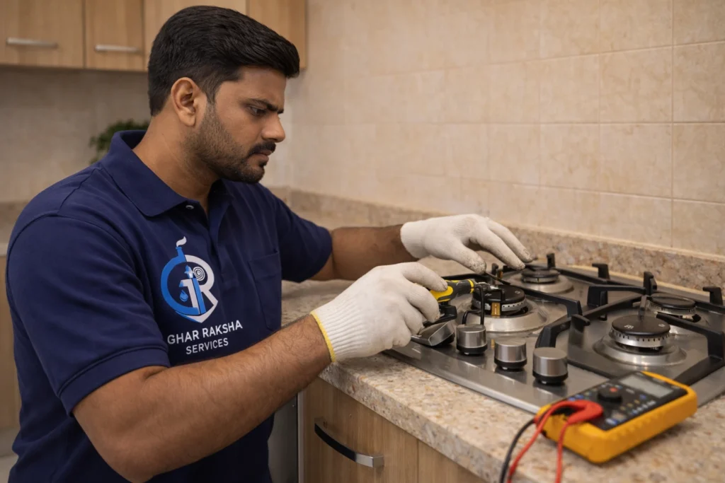 Indian technician repairing gas stove hob burners and ignition at home in Tirupati