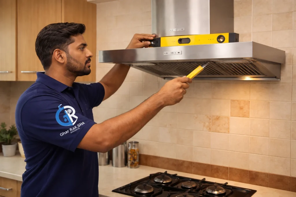 Indian technician installing wall-mounted kitchen chimney above stove in modern home