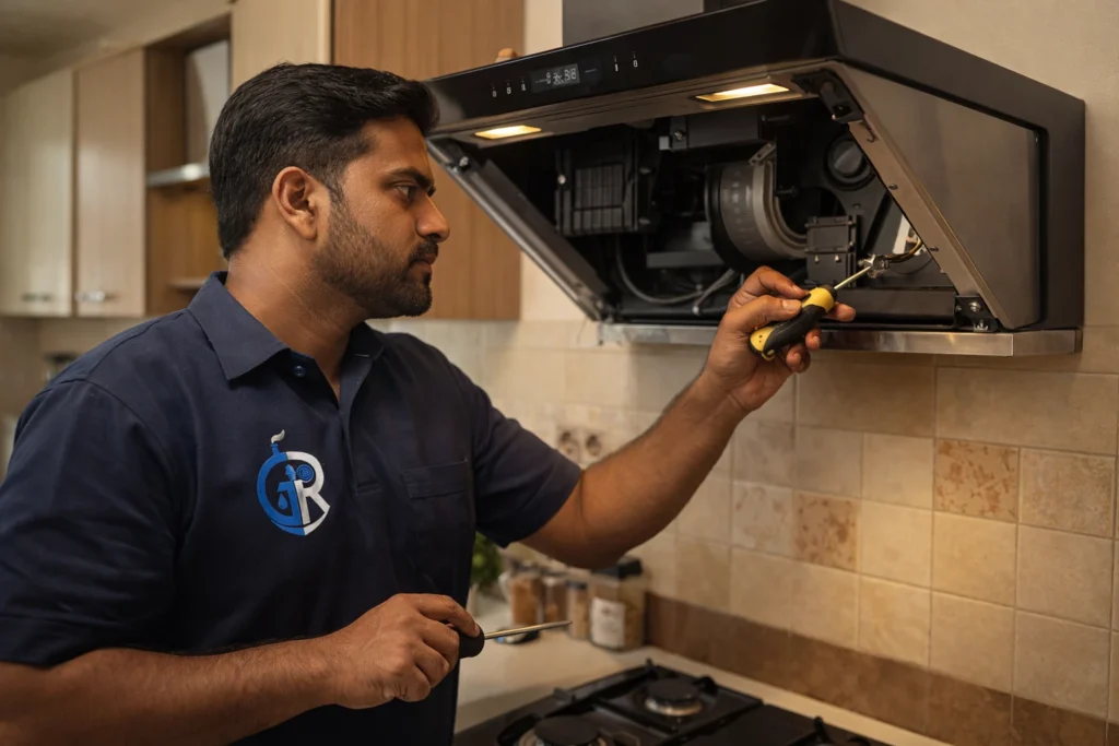 Indian technician repairing wall-mounted kitchen chimney in a modern home kitchen