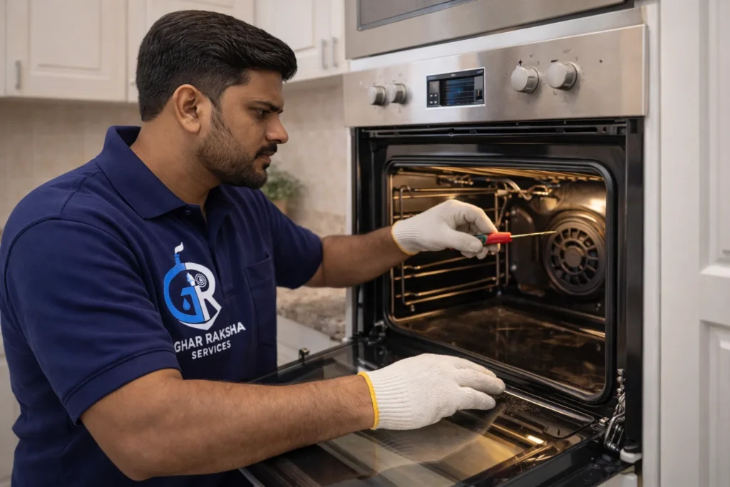 Indian technician repairing built-in oven at home kitchen in Tirupati
