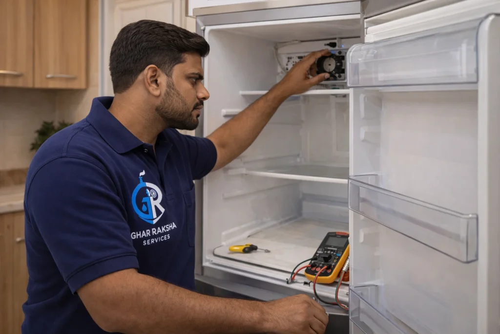 Indian technician repairing refrigerator cooling system at home in Tirupati
