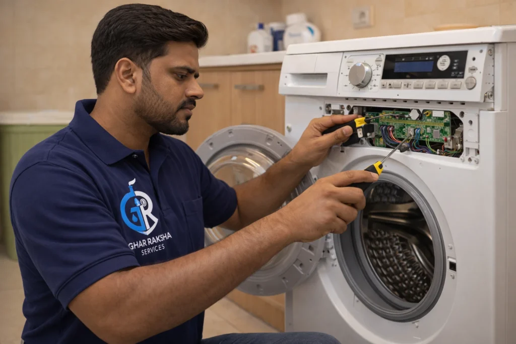 Indian technician repairing top load and front load washing machine at home in Tirupati