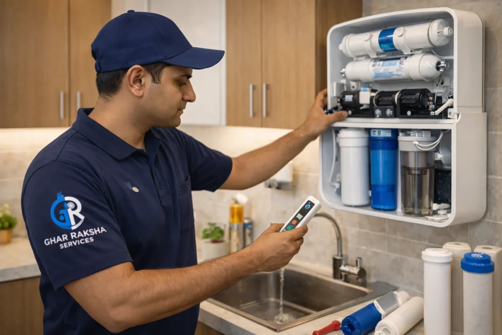 Technician servicing water purifier in Tirupati home – Ghar Raksha Services